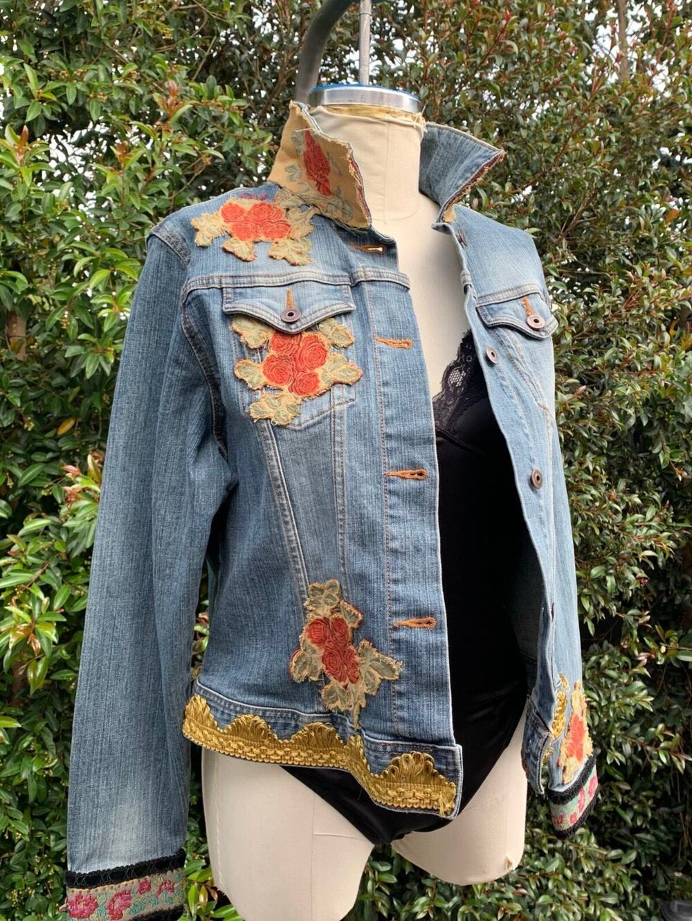 Vintage Handmade Embellished Women’s Denim Blue Jean Jacket 90s Women’s Large